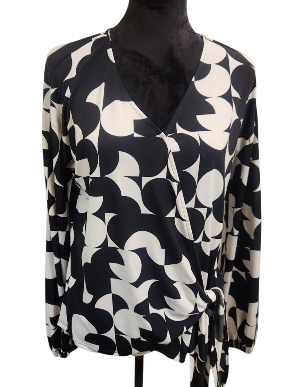 Worthington Black and White Geometric Faux Wrap Blouse Size M